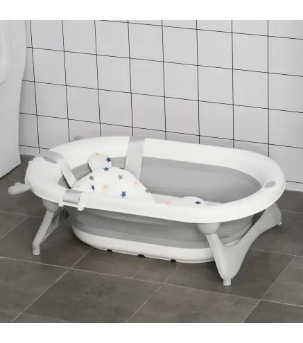 Bañera Plegable para Bebé Recién Nacido hasta 3 Años 81,5x50,5x23,5 cm con Tapón Termosensible Cojín Gris