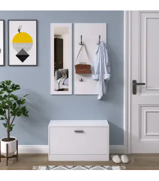 Conjunto de Muebles de Entrada Recibidor Pasillo Set de 3 Piezas Zapatero Espejo Perchero con 4 Ganchos para Colgar Ropa