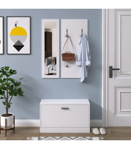 Conjunto de Muebles de Entrada Recibidor Pasillo Set de 3 Piezas Zapatero Espejo Perchero con 4 Ganchos para Colgar Ropa