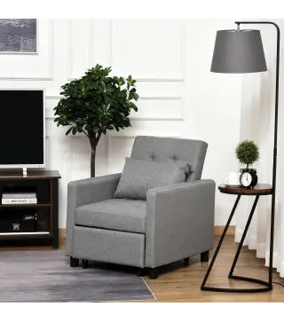 Sofá Cama de 1 Plaza Tapizado en Lino con Respaldo Ajustable de 3 Niveles y Almohada Acolchada 69x82,5x84 cm Gris