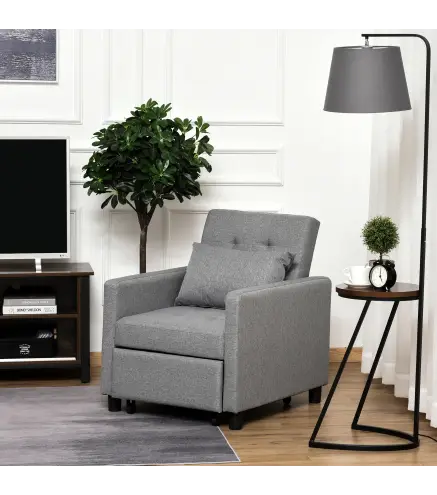 Sofá Cama de 1 Plaza Tapizado en Lino con Respaldo Ajustable de 3 Niveles y Almohada Acolchada 69x82,5x84 cm Gris