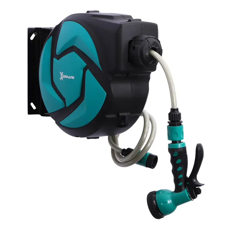 Carrete para Manguera Retráctil 10m con 7 Modos de Riego Sistema de Enrollado Automático con Bloqueo Conector de 1m para Jardín