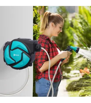 Carrete para Manguera Retráctil 10m con 7 Modos de Riego Sistema de Enrollado Automático con Bloqueo Conector de 1m para Jardín