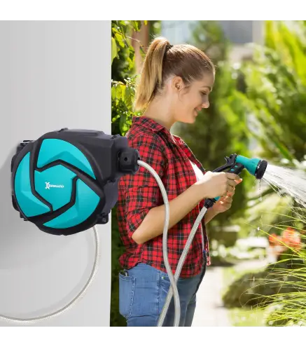 Carrete para Manguera Retráctil 10m con 7 Modos de Riego Sistema de Enrollado Automático con Bloqueo Conector de 1m para Jardín