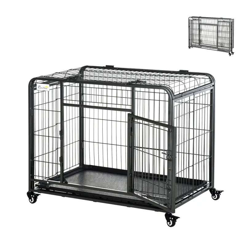 Jaula para Perros Plegable de Metal Jaula para Perros Grandes 109,5x71x78 cm con Ruedas y Frenos Bandeja Extraíble y Puerta con