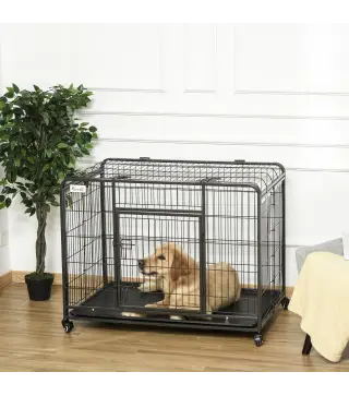 Jaula para Perros Plegable de Metal Jaula para Perros Grandes 109,5x71x78 cm con Ruedas y Frenos Bandeja Extraíble y Puerta con