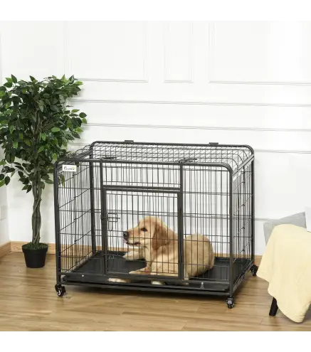 Jaula para Perros Plegable de Metal Jaula para Perros Grandes 109,5x71x78 cm con Ruedas y Frenos Bandeja Extraíble y Puerta con