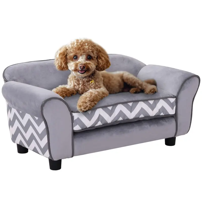 Sofá para Mascotas con Patas Cama para Perros de Madera con Cojín Acolchado Acogedora Funda Lavable 73,5x41x33 cm Gris