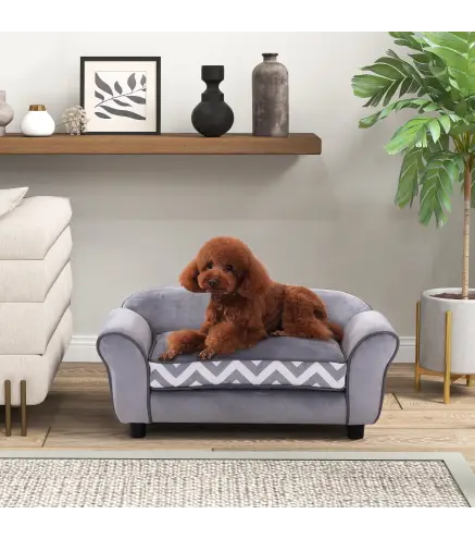 Sofá para Mascotas con Patas Cama para Perros de Madera con Cojín Acolchado Acogedora Funda Lavable 73,5x41x33 cm Gris