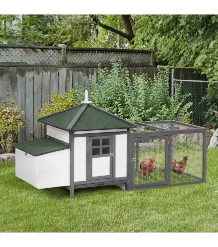 Gallinero de Madera Exterior, Jaula para Gallinas con Nidos, Corral, Bandeja Extraíble, Tapa Abatible, 196x76x97 cm, Gris