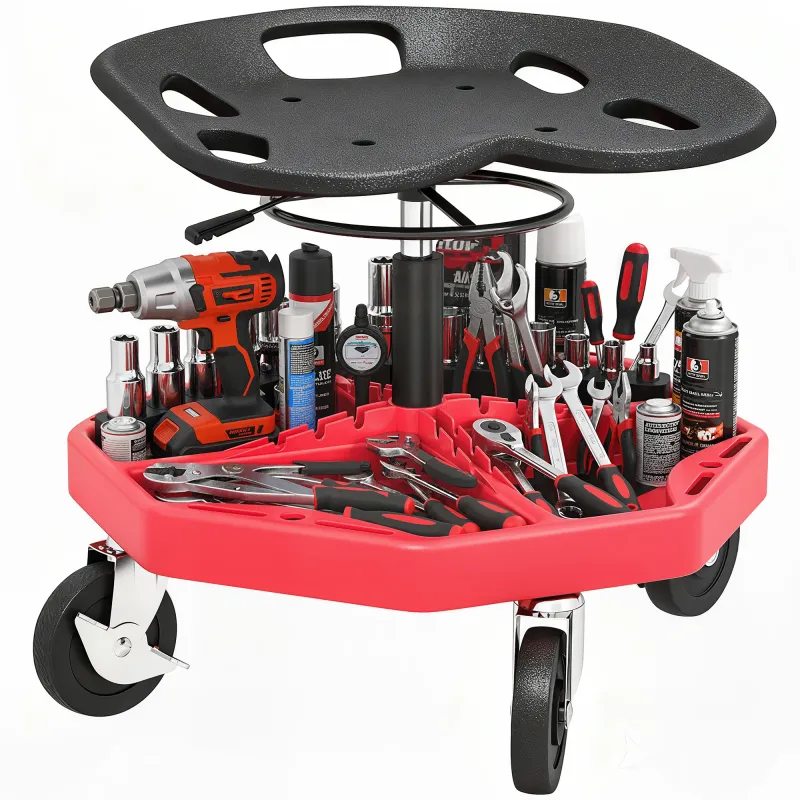 Taburete de Taller Móvil con Bandeja Magnética Ruedas Altura Ajustable de 52–59,5 cm Carga 135 kg para Garaje Rojo