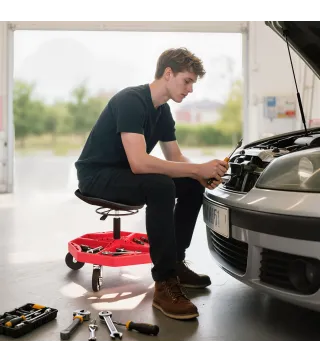 Taburete de Taller Móvil con Bandeja Magnética Ruedas Altura Ajustable de 52–59,5 cm Carga 135 kg para Garaje Rojo