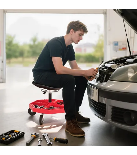 Taburete de Taller Móvil con Bandeja Magnética Ruedas Altura Ajustable de 52–59,5 cm Carga 135 kg para Garaje Rojo