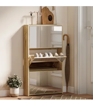 Zapatero Entrada Recibidor con 3 Puertas con Espejo Zapatero Estrecho para 9 Pares de Zapatos 65x17x114,5 cm Natural