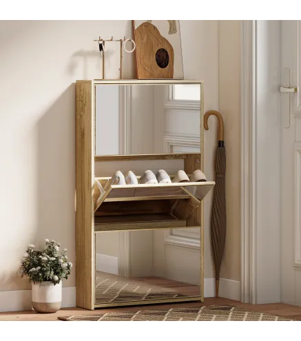 Zapatero Entrada Recibidor con 3 Puertas con Espejo Zapatero Estrecho para 9 Pares de Zapatos 65x17x114,5 cm Natural