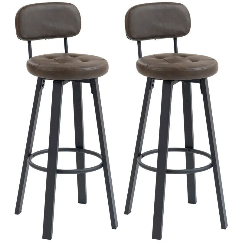 Juego de 2 Taburetes Altos de Cocina Giratorios Tapizados de PU con Respaldo Marco de Metal Reposapiés Marrón Oscuro