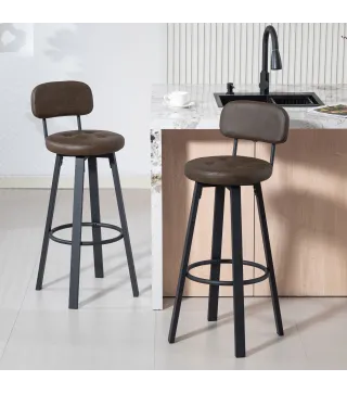 Juego de 2 Taburetes Altos de Cocina Giratorios Tapizados de PU con Respaldo Marco de Metal Reposapiés Marrón Oscuro