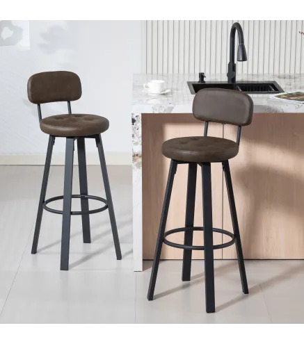 Juego de 2 Taburetes Altos de Cocina Giratorios Tapizados de PU con Respaldo Marco de Metal Reposapiés Marrón Oscuro