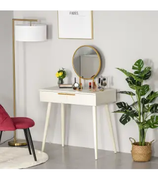 Tocador con Espejo Redondo Mesa de Maquillaje con 2 Cajones Estilo Moderno para Dormitorio Vestuario 80x40x123 cm Blanco