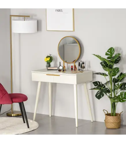 Tocador con Espejo Redondo Mesa de Maquillaje con 2 Cajones Estilo Moderno para Dormitorio Vestuario 80x40x123 cm Blanco