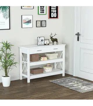 Mesa Consola Mesa de Recibidor Entrada con 2 Cajones y Estantes Inferiores Marco Metálico 105x40x76 cm Blanco