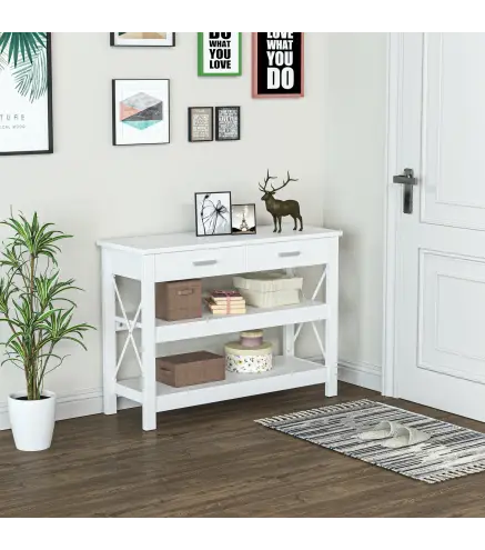 Mesa Consola Mesa de Recibidor Entrada con 2 Cajones y Estantes Inferiores Marco Metálico 105x40x76 cm Blanco
