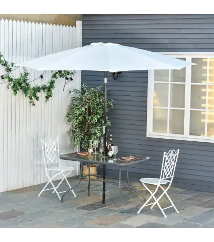 Mesa de Jardín Exterior Rectangular de Metal Bordes Curvos con Orificio para Sombrilla Capacidad 70kg Vidrio Templado 120x80x70