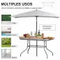 Mesa de Jardín Exterior Rectangular de Metal Bordes Curvos con Orificio para Sombrilla Capacidad 70kg Vidrio Templado 120x80x70