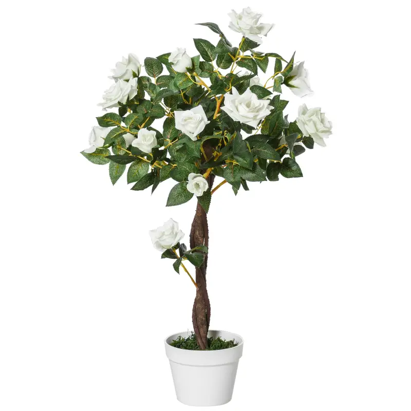 Planta Artificial de 90 cm Rosa Blanca Realista con 21 Flores y 350 Hojas Anti-UV Maceta de Cemento Verde