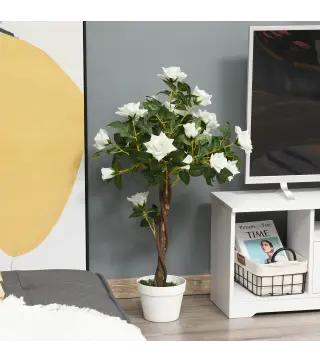 Planta Artificial de 90 cm Rosa Blanca Realista con 21 Flores y 350 Hojas Anti-UV Maceta de Cemento Verde