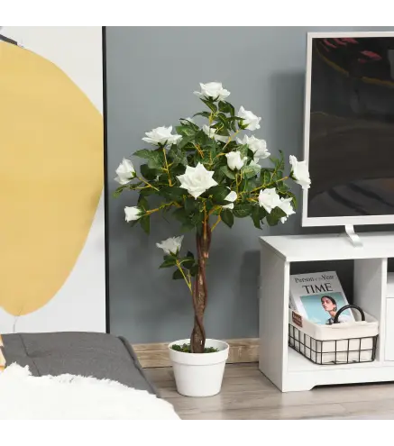 Planta Artificial de 90 cm Rosa Blanca Realista con 21 Flores y 350 Hojas Anti-UV Maceta de Cemento Verde