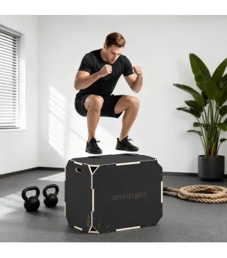Cajón Pliométrico de Madera 3 en 1 con 3 Alturas Diferentes Asas sin Esquinas Entrenamiento de Salto 76x61x51 cm Negro