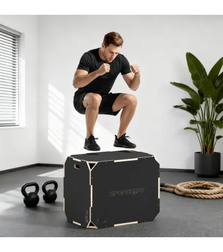 Cajón Pliométrico de Madera 3 en 1 con 3 Alturas Diferentes Asas sin Esquinas Entrenamiento de Salto 76x61x51 cm Negro
