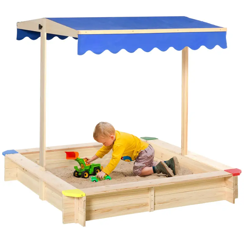 Arenero de Madera para Niños con Techo Cajón de Arena Toldo Ajustable Espacioso 120x120x120 cm para Jardín Exterior al Aire Libr
