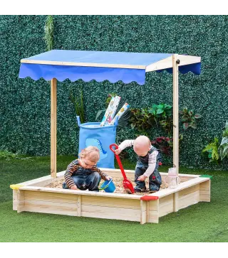 Arenero de Madera para Niños con Techo Cajón de Arena Toldo Ajustable Espacioso 120x120x120 cm para Jardín Exterior al Aire Libr