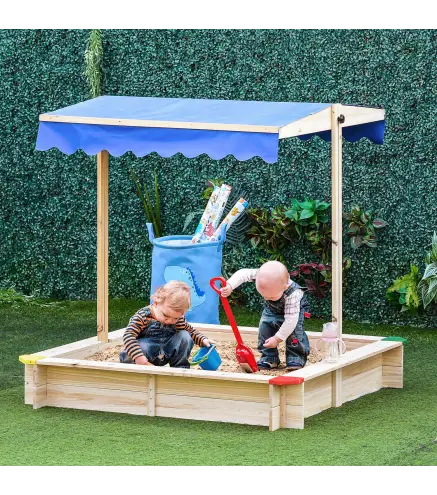 Arenero de Madera para Niños con Techo Cajón de Arena Toldo Ajustable Espacioso 120x120x120 cm para Jardín Exterior al Aire Libr