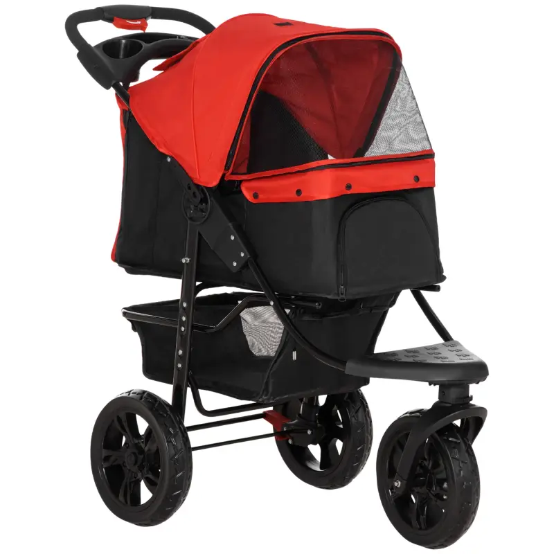 Carrito para Perros con 3 Ruedas Ventanas de Malla Cesta de Almacenaje y Correas de Seguridad 109,5x57,5x106,5 cm Rojo