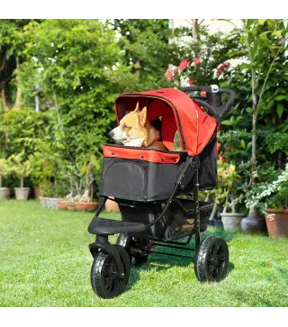 Carrito para Perros con 3 Ruedas Ventanas de Malla Cesta de Almacenaje y Correas de Seguridad 109,5x57,5x106,5 cm Rojo