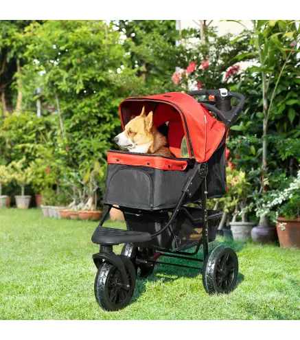 Carrito para Perros con 3 Ruedas Ventanas de Malla Cesta de Almacenaje y Correas de Seguridad 109,5x57,5x106,5 cm Rojo