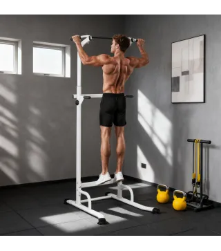 Barra de Dominadas Altura Regulable Estación de Fondos Resistente para Gimnasio en Casa Entrenamiento de Fuerza Blanco