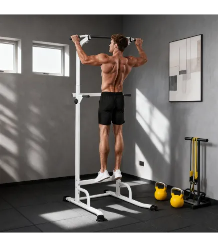 Barra de Dominadas Altura Regulable Estación de Fondos Resistente para Gimnasio en Casa Entrenamiento de Fuerza Blanco