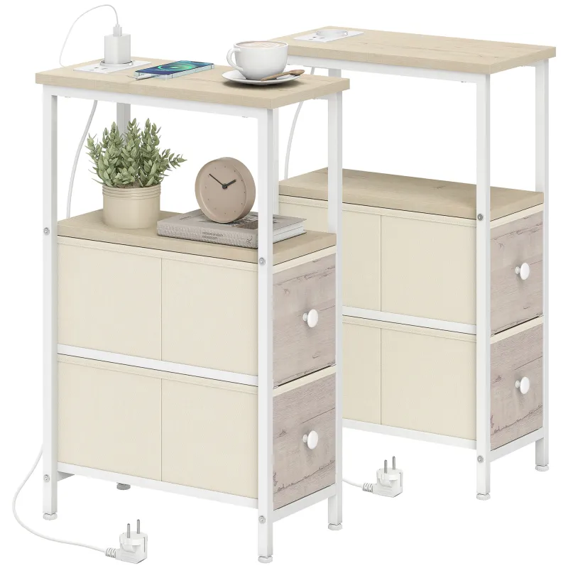 Juego de 2 Mesitas Auxiliares Estrechas con Enchufe Toma AC Puerto USB Puerto USB-C 2 Cajones de Tela Natural
