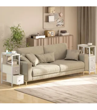 Juego de 2 Mesitas Auxiliares Estrechas con Enchufe Toma AC Puerto USB Puerto USB-C 2 Cajones de Tela Natural