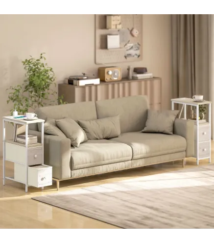 Juego de 2 Mesitas Auxiliares Estrechas con Enchufe Toma AC Puerto USB Puerto USB-C 2 Cajones de Tela Natural