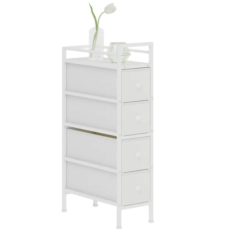 Cómoda con 4 Cajones de Tela Marco de Acero Cómoda para Dormitorio para Espacios Pequeños Salón Vestidor Blanco