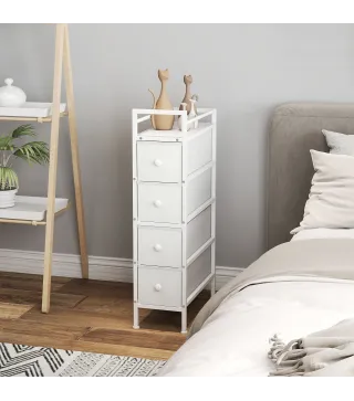 Cómoda con 4 Cajones de Tela Marco de Acero Cómoda para Dormitorio para Espacios Pequeños Salón Vestidor Blanco
