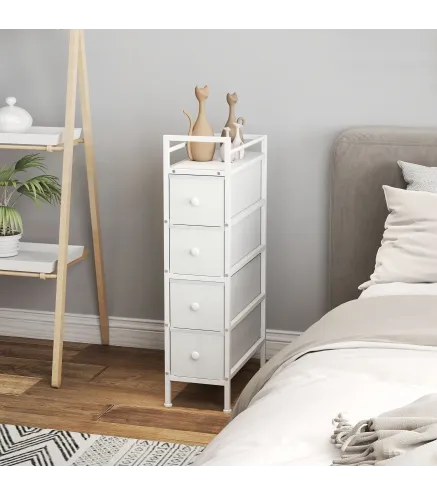 Cómoda con 4 Cajones de Tela Marco de Acero Cómoda para Dormitorio para Espacios Pequeños Salón Vestidor Blanco