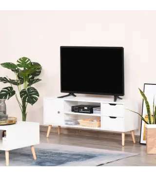 Mueble de TV para Televisiones de 50" Mesa de Salón con Puerta 2 Estantes Abiertos y 2 Cajones 120x28x44 cm Blanco