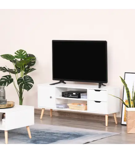 Mueble de TV para Televisiones de 50" Mesa de Salón con Puerta 2 Estantes Abiertos y 2 Cajones 120x28x44 cm Blanco