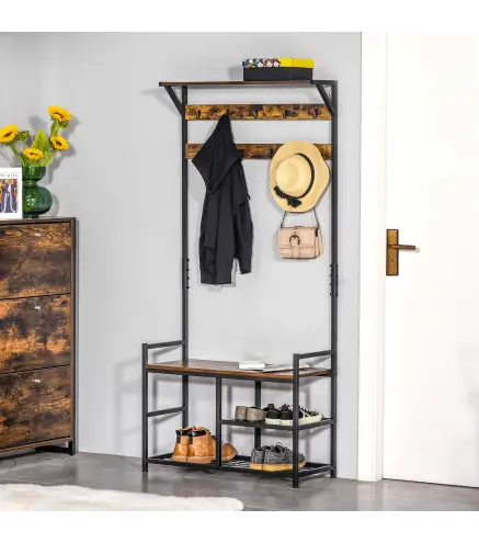 Perchero con Zapatero Perchero de Entrada Recibidor con 3 Estantes 9 Ganchos Patas Ajustables Estilo Industrial para Pas